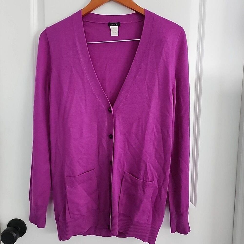 J.Crew 100% Merino Wool Cardigan Sweater Womens M Magenta Lightweight Pockets